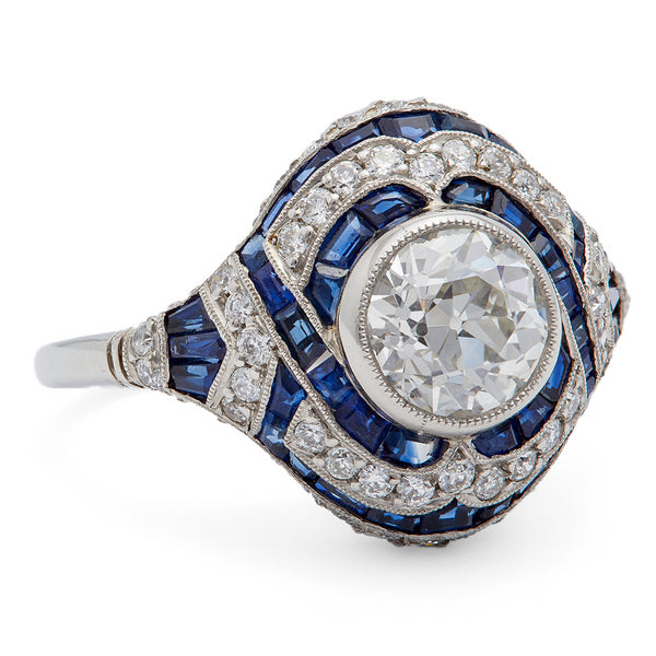 Art Deco Inspired 1.22 Carats Old European Cut Diamond Sapphire Platinum Ring Rings Jack Weir & Sons   