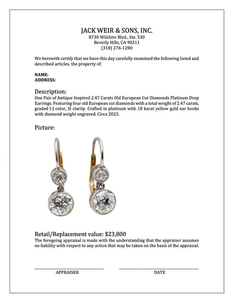 Antique Inspired 2.47 Carats Old European Cut Diamonds Platinum Drop Earrings Earrings Jack Weir & Sons   