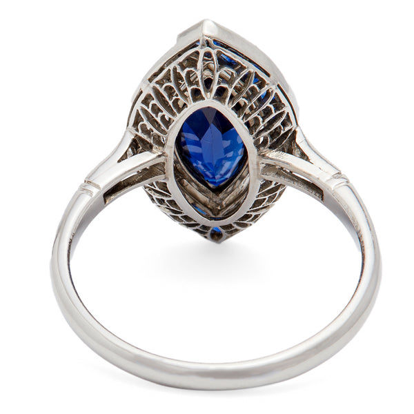 Art Deco Inspired Marquise Cut Sapphire and Diamond Platinum Ring Rings Jack Weir & Sons   