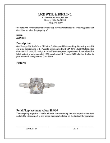 Vintage GIA 1.47 Carat Old Mine Cut Diamond Platinum Ring Rings Jack Weir & Sons   