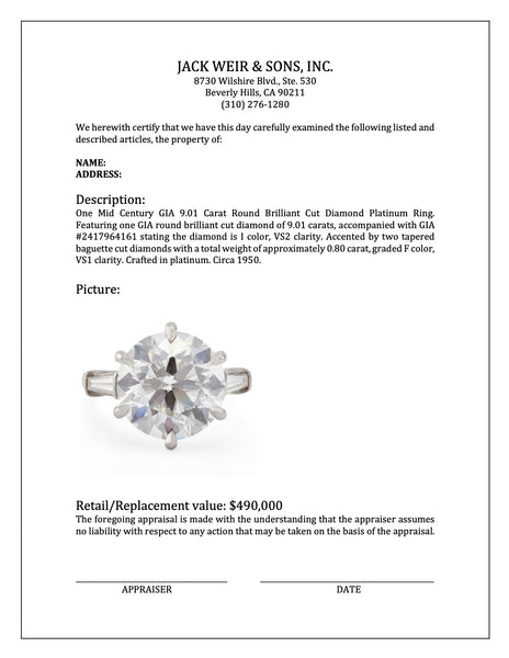 Mid Century GIA 9.01 Carat Round Brilliant Cut Diamond Platinum Ring Rings Jack Weir & Sons   