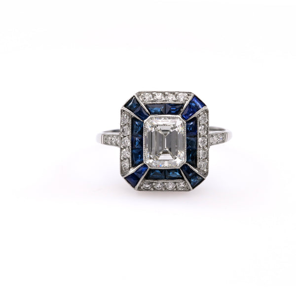 Art Deco Inspired 1.06 Carat Emerald Cut Diamond Sapphire Platinum Ring