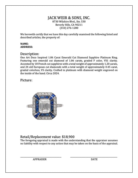 Art Deco Inspired 1.06 Carat Emerald Cut Diamond Sapphire Platinum Ring Rings Jack Weir & Sons   