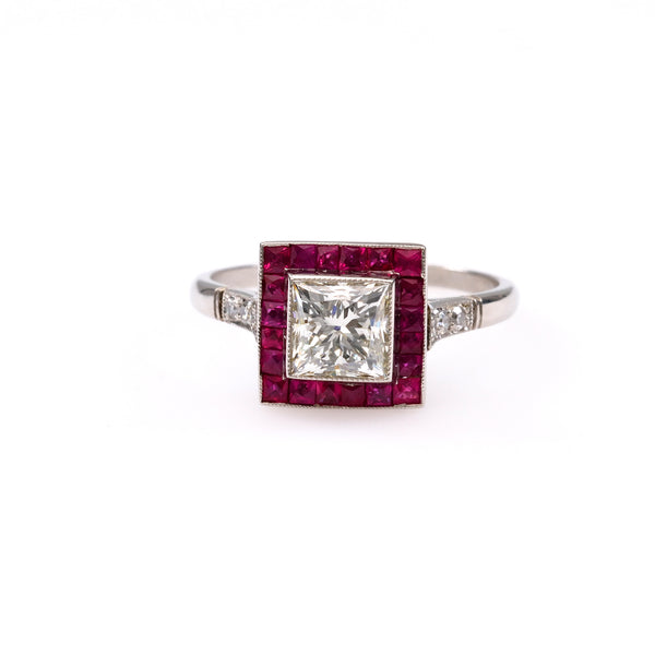 Art Deco Inspired Princess Cut Diamond Ruby Platinum Target Ring