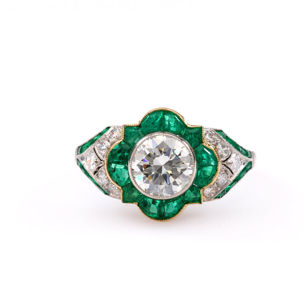 Art Deco Inspired 1.32 Carat Transitional Cut Diamond Emerald Platinum Ring