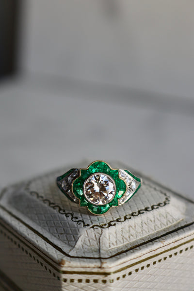 Art Deco Inspired 1.32 Carat Transitional Cut Diamond Emerald Platinum Ring Rings Jack Weir & Sons   