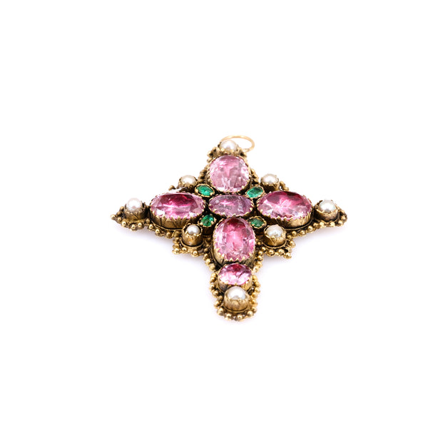 Georgian Foiled Back Pink Topaz, Emerald, and Pearl 14k Yellow Gold Cross Pendant