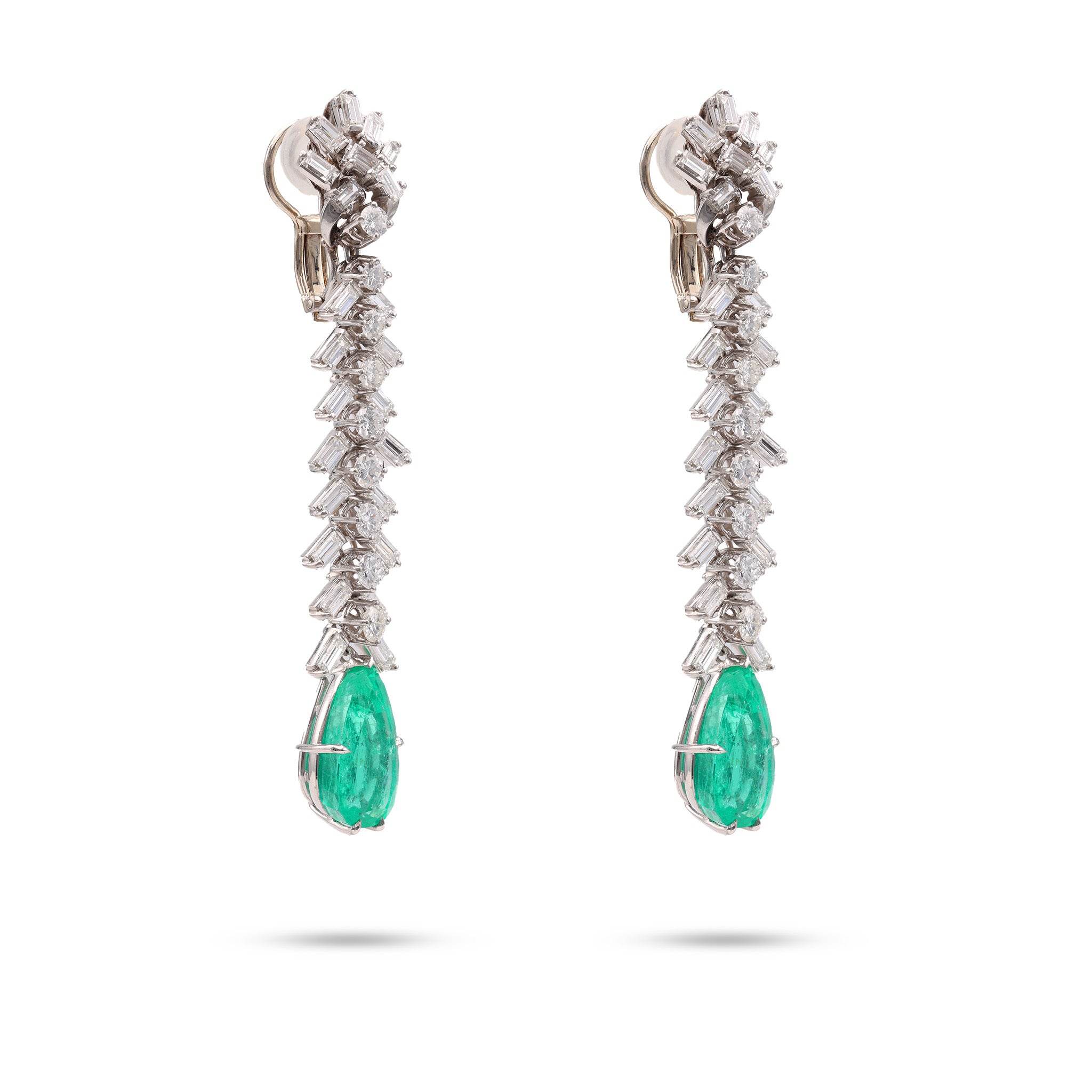 Mid-Century GIA Colombian Emerald Diamond Platinum Dangle Earrings