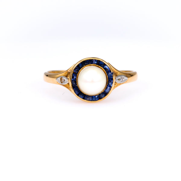 Edwardian Pearl Sapphire Diamond 18k Yellow Gold Platinum Ring