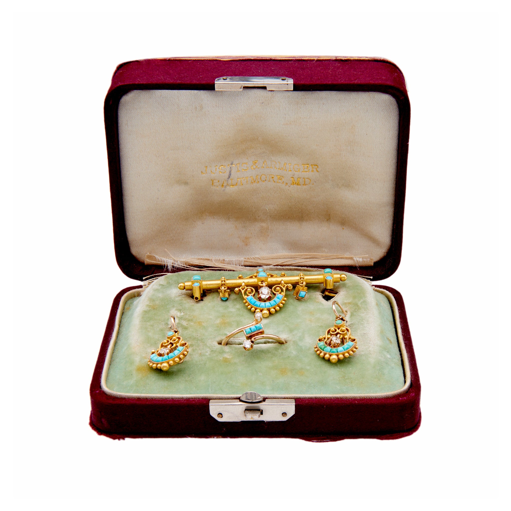 Antique Etruscan Revival Diamond and Turquoise Yellow Gold Demi Parure Set Sets Jack Weir & Sons   