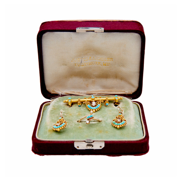Antique Etruscan Revival Diamond and Turquoise Yellow Gold Demi Parure Set Sets Jack Weir & Sons   