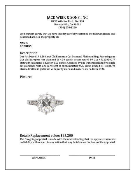 Art Deco GIA 4.28 Carat Old European Cut Diamond Platinum Ring Rings Jack Weir & Sons   