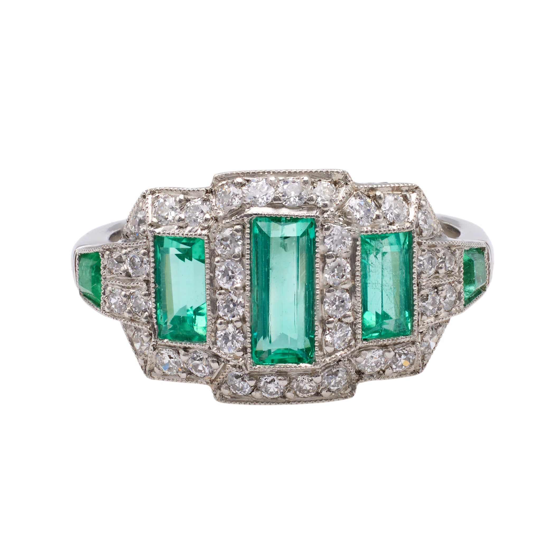 Art Deco Inspired Emerald Diamond Platinum Ring Rings Jack Weir & Sons   