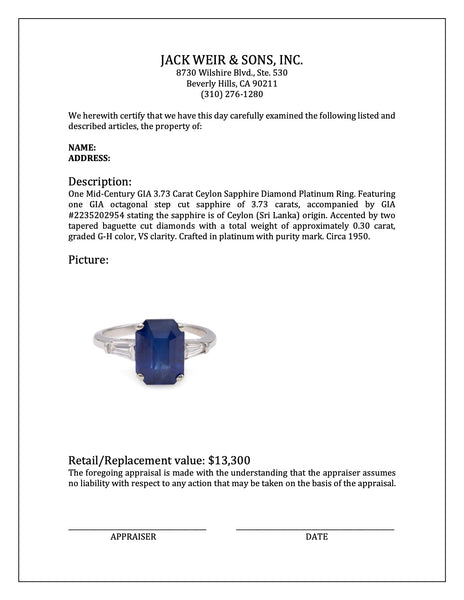 Mid-Century GIA 3.73 Carat Ceylon Sapphire Diamond Platinum Ring Rings Jack Weir & Sons   