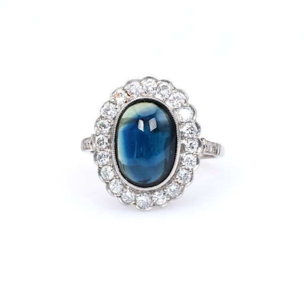 Art Deco Inspired Sapphire Diamond Platinum Halo Cluster Ring