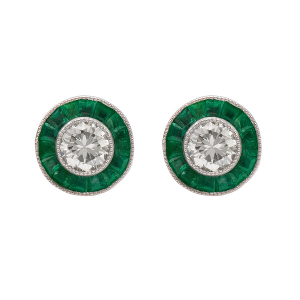 Art Deco Inspired Diamond and Emerald Platinum Target Stud Earrings Earrings Jack Weir & Sons   
