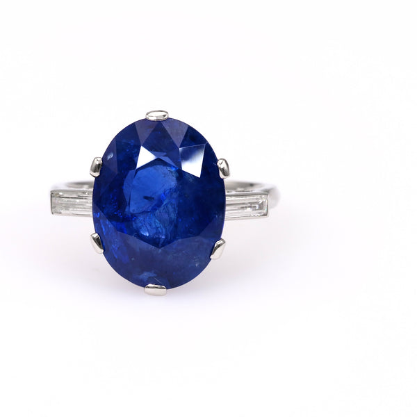 Art Deco GIA 7.05 Carat Ceylon Sapphire and Diamond Platinum Ring