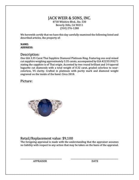 GIA 3.35 Carat Thai Sapphire Diamond Platinum Ring Rings Jack Weir & Sons   