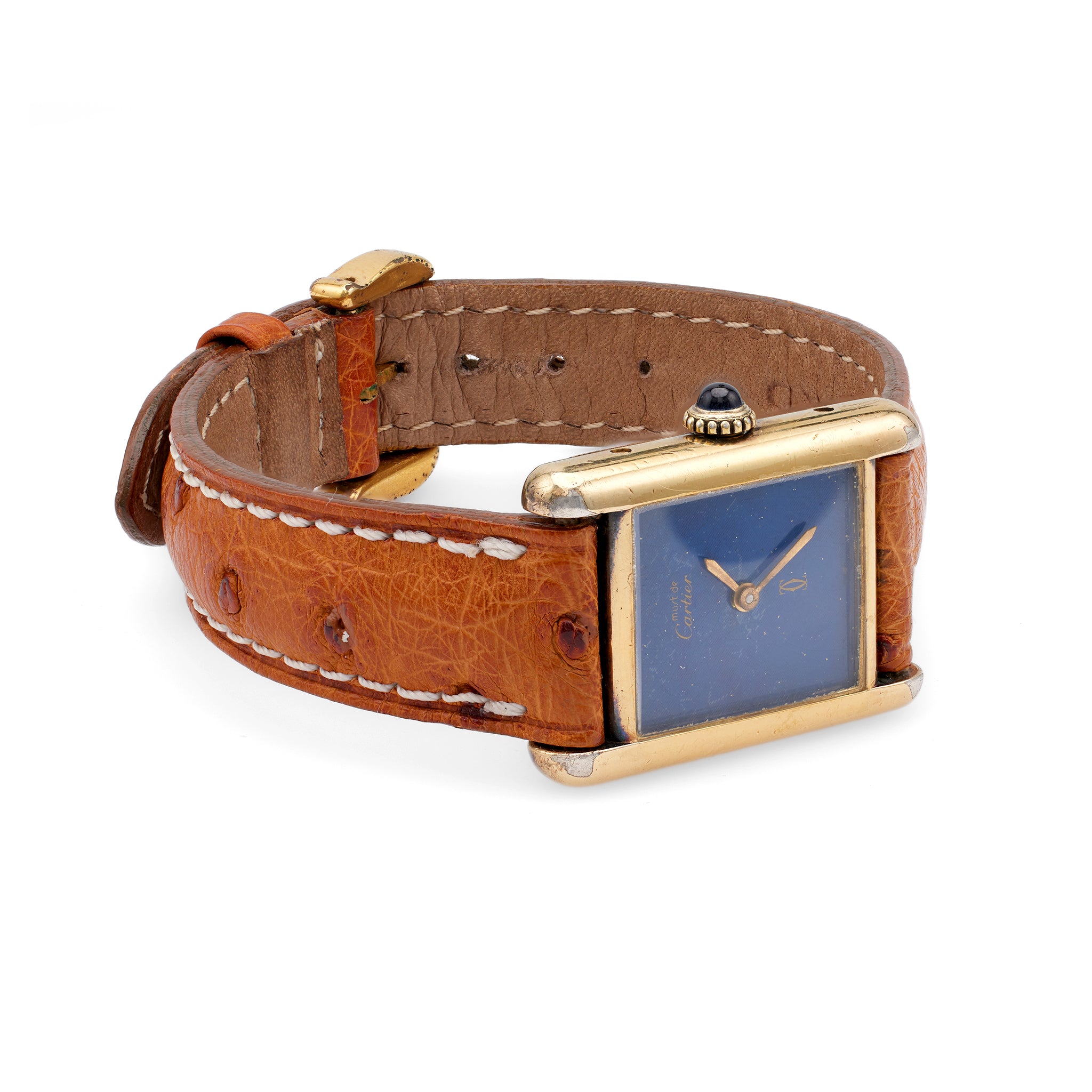 Vintage Cartier Paris 925 Silver Gold Vermeil Leather Stap Must De Cartier Wristwatch Watch Jack Weir & Sons   