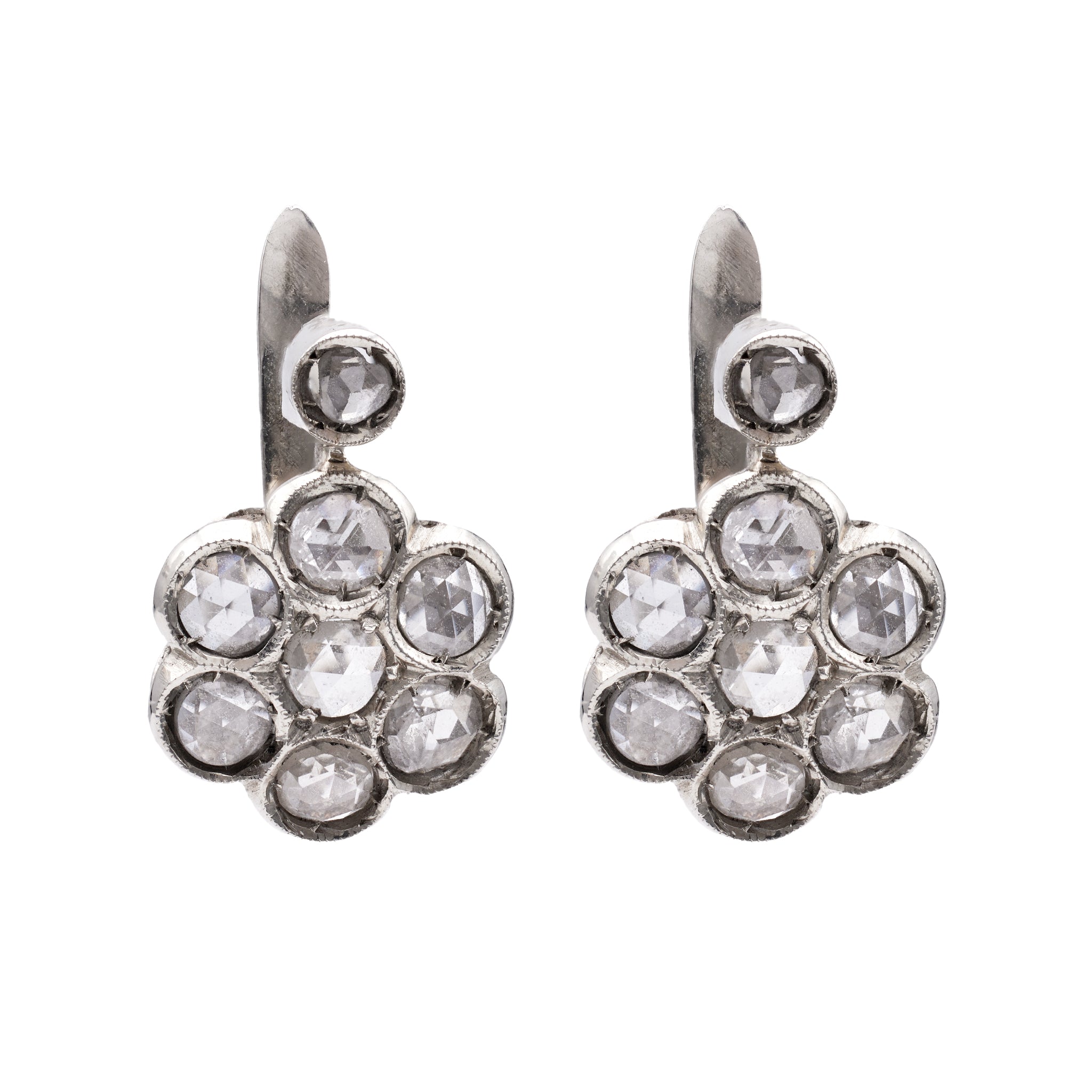 Pair of Retro Rose Cut Diamond 18k White Gold Cluster Earrings Earrings Jack Weir & Sons   