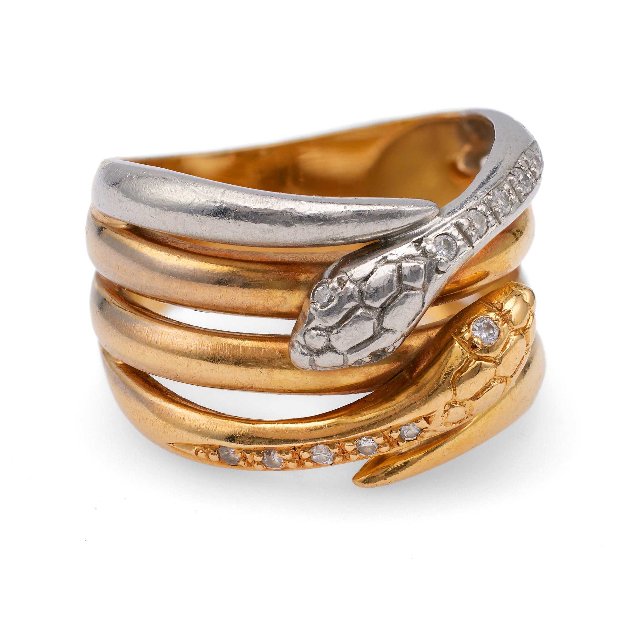 Vintage Diamond 18k Yellow Gold Platinum Wrapped Snake Ring Rings Jack Weir & Sons   
