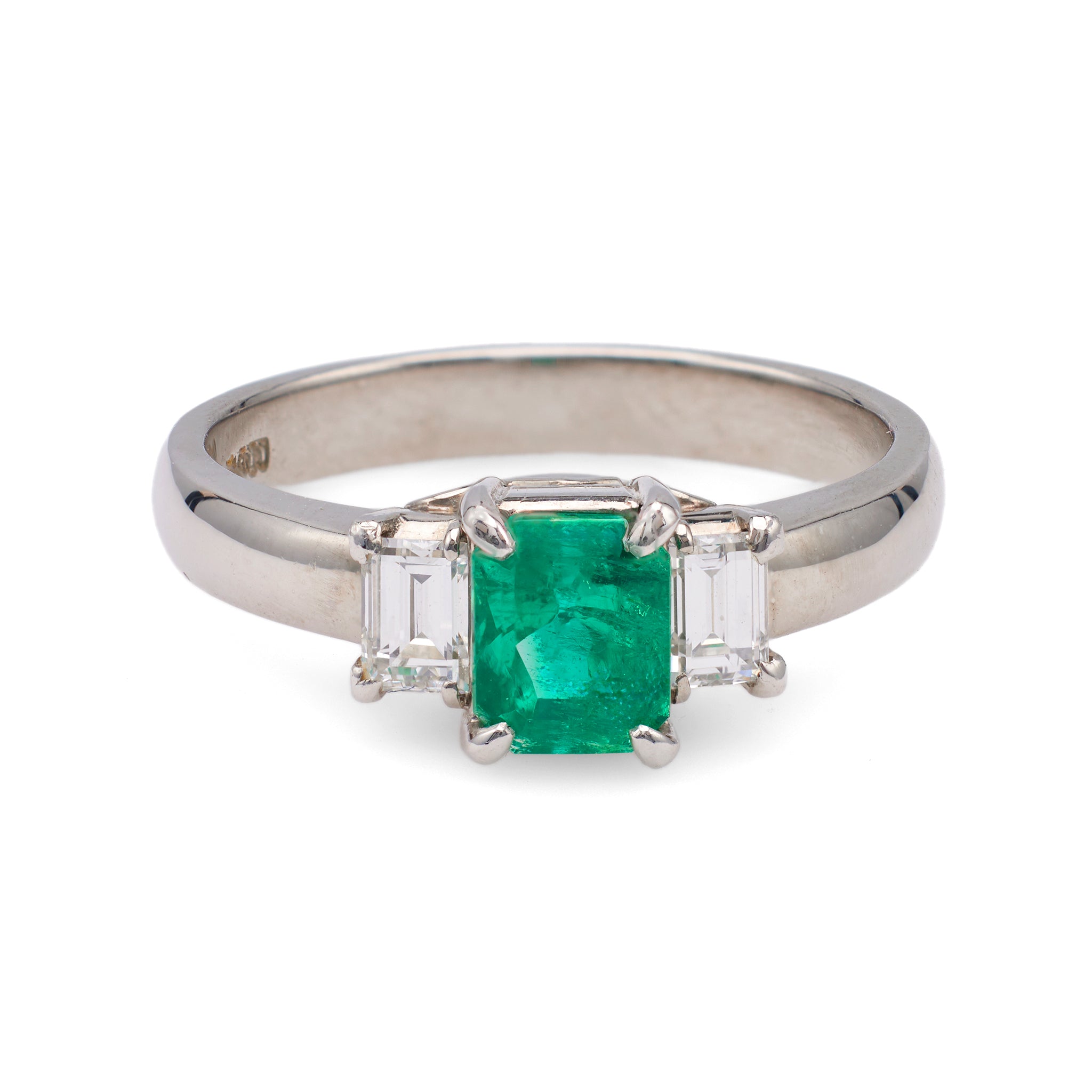 Vintage 0.69 Carat Emerald and Diamond Platinum Three Stone Ring Rings Jack Weir & Sons   