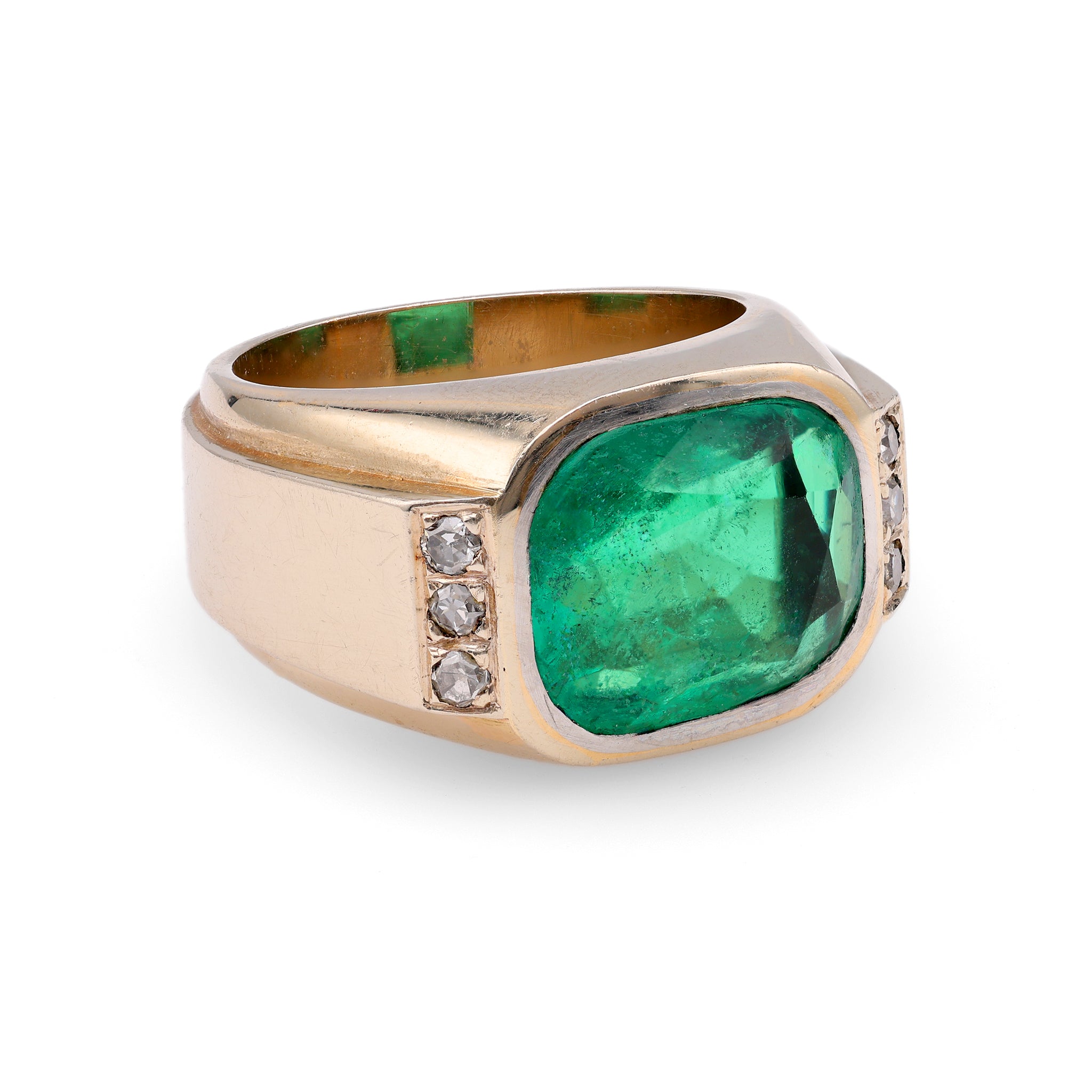 Retro French GIA Colombian Emerald 18k Yellow Gold Ring
