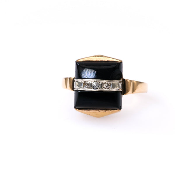 Art Deco Onyx Diamond 14k Yellow Gold Ring