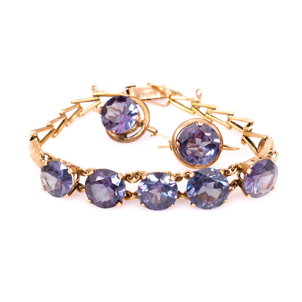 Victorian Revival Synthetic Color Change Sapphire 14k Gold Bracelet and Earring Set
