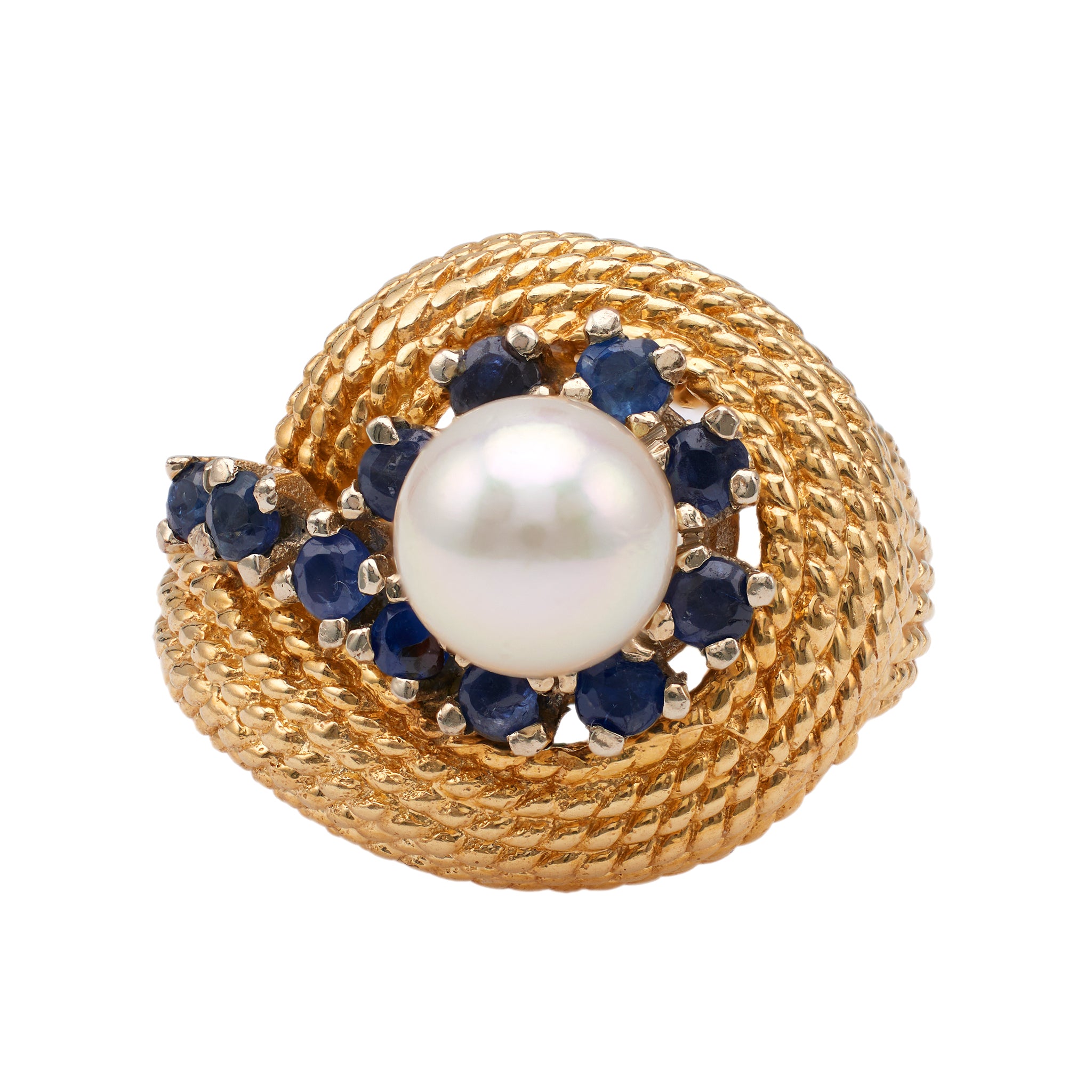 Mid-Century Pearl Sapphire 14k Yellow Gold Ring Rings Jack Weir & Sons   