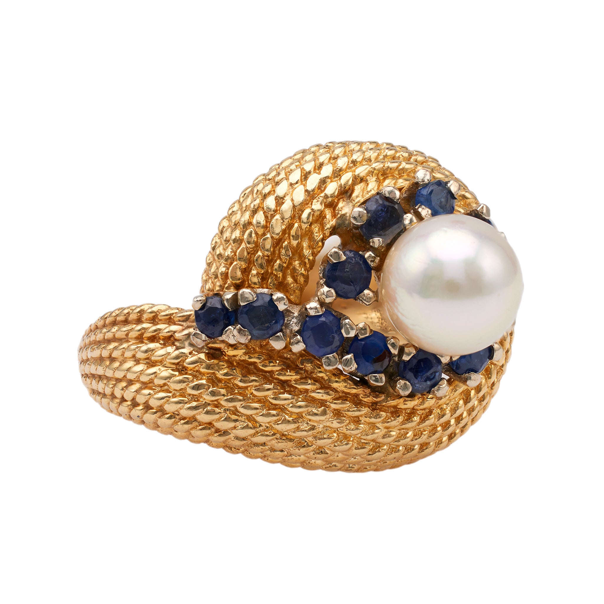 Mid-Century Pearl Sapphire 14k Yellow Gold Ring Rings Jack Weir & Sons   