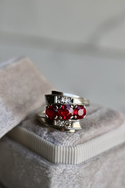 Late Art Deco Synthetic Ruby and Diamond 14 Karat White Gold Bypass Ring Rings Jack Weir & Sons   