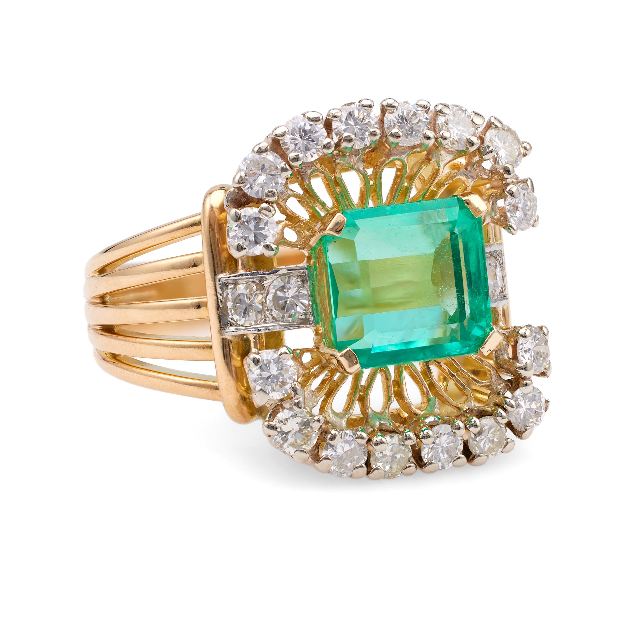 Retro French GIA 2.68 Carat Colombian Emerald Diamond 18k Yellow Gold Cocktail Ring Rings Jack Weir & Sons   