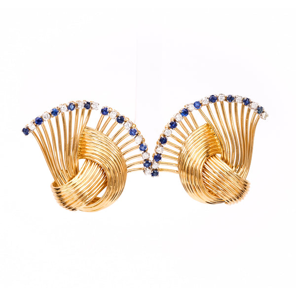 Pair of Mid-Century Diamond Sapphire 18k Yellow Gold Earrings