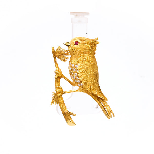 Mid-Century Boucheron French Diamond Ruby 18k Yellow Gold Bird Brooch