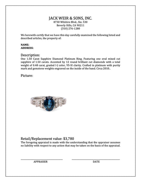 1.50 Carat Sapphire Diamond Platinum Ring Rings Jack Weir & Sons   