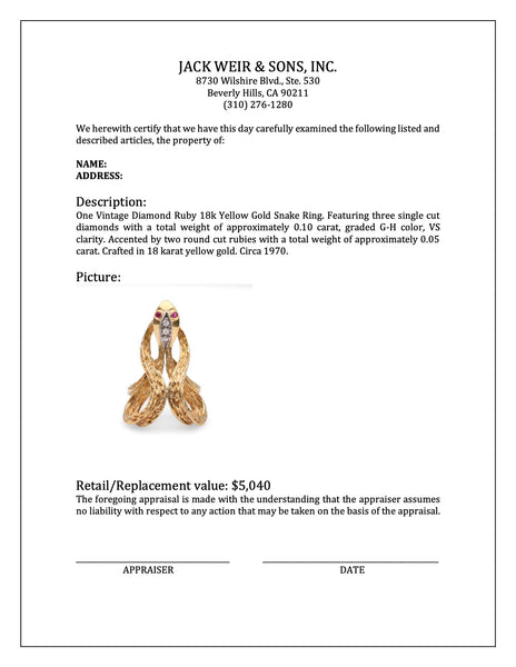 Vintage Diamond Ruby 18k Yellow Gold Snake Ring Rings Jack Weir & Sons   