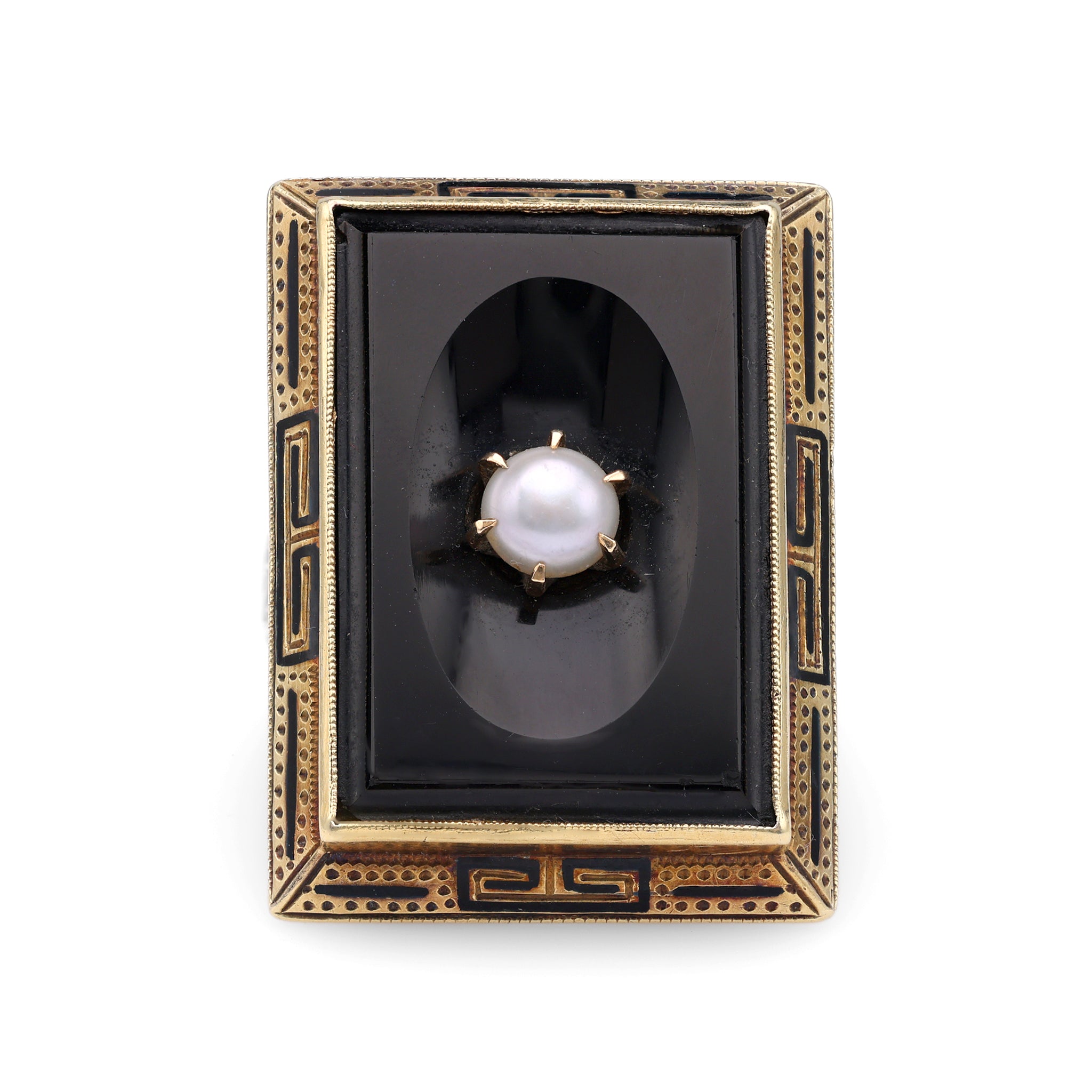 Art Deco Onyx Pearl 14k Yellow Gold Ring