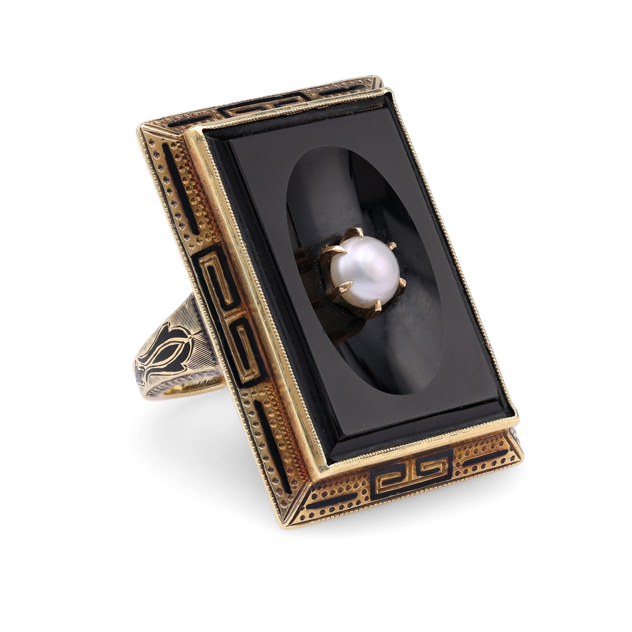 Art Deco Onyx Pearl 14k Yellow Gold Ring
