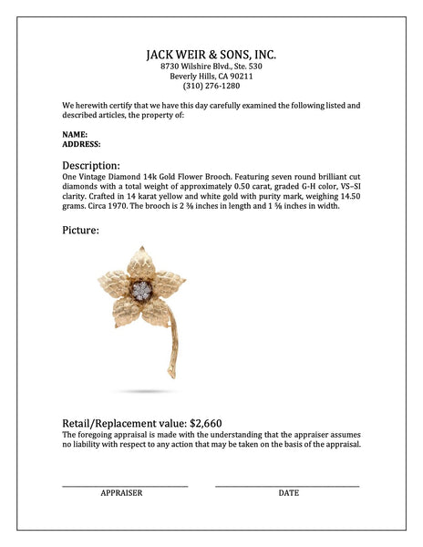 Vintage Diamond 14k Gold Flower Brooch Brooches Jack Weir & Sons   
