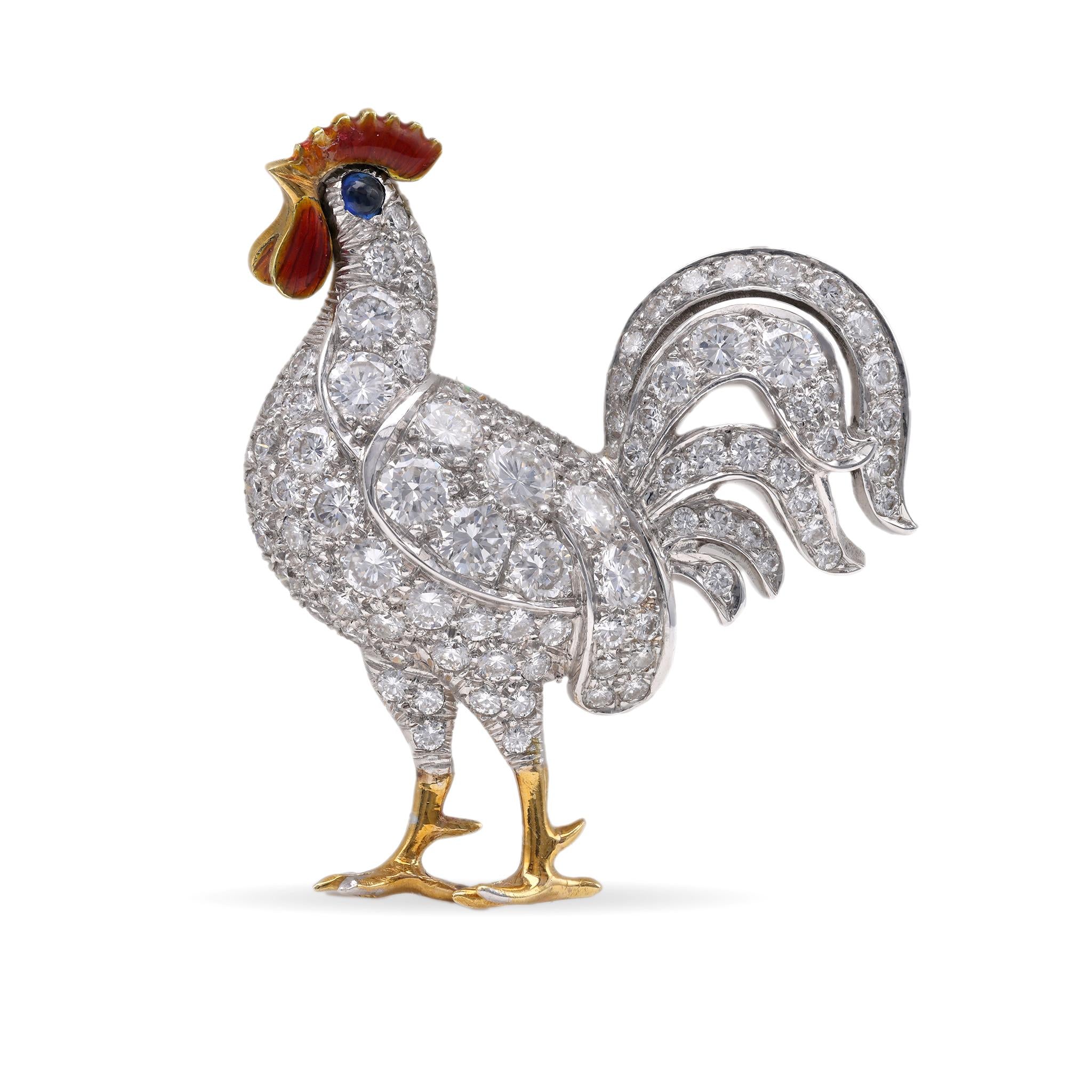 Mid-Century Diamond Sapphire 18k Gold Enamel Chicken Brooch