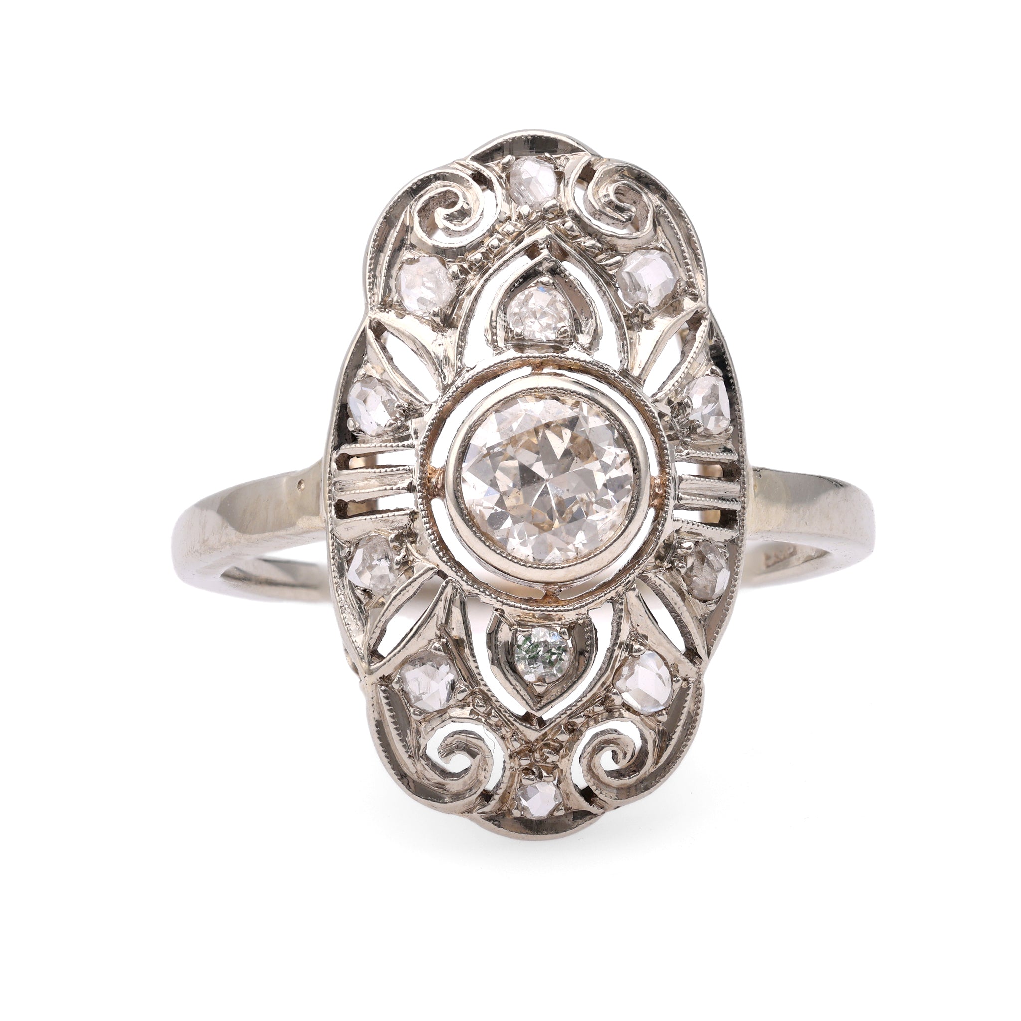 Edwardian Austrian Diamond 14k White Gold Navette Ring