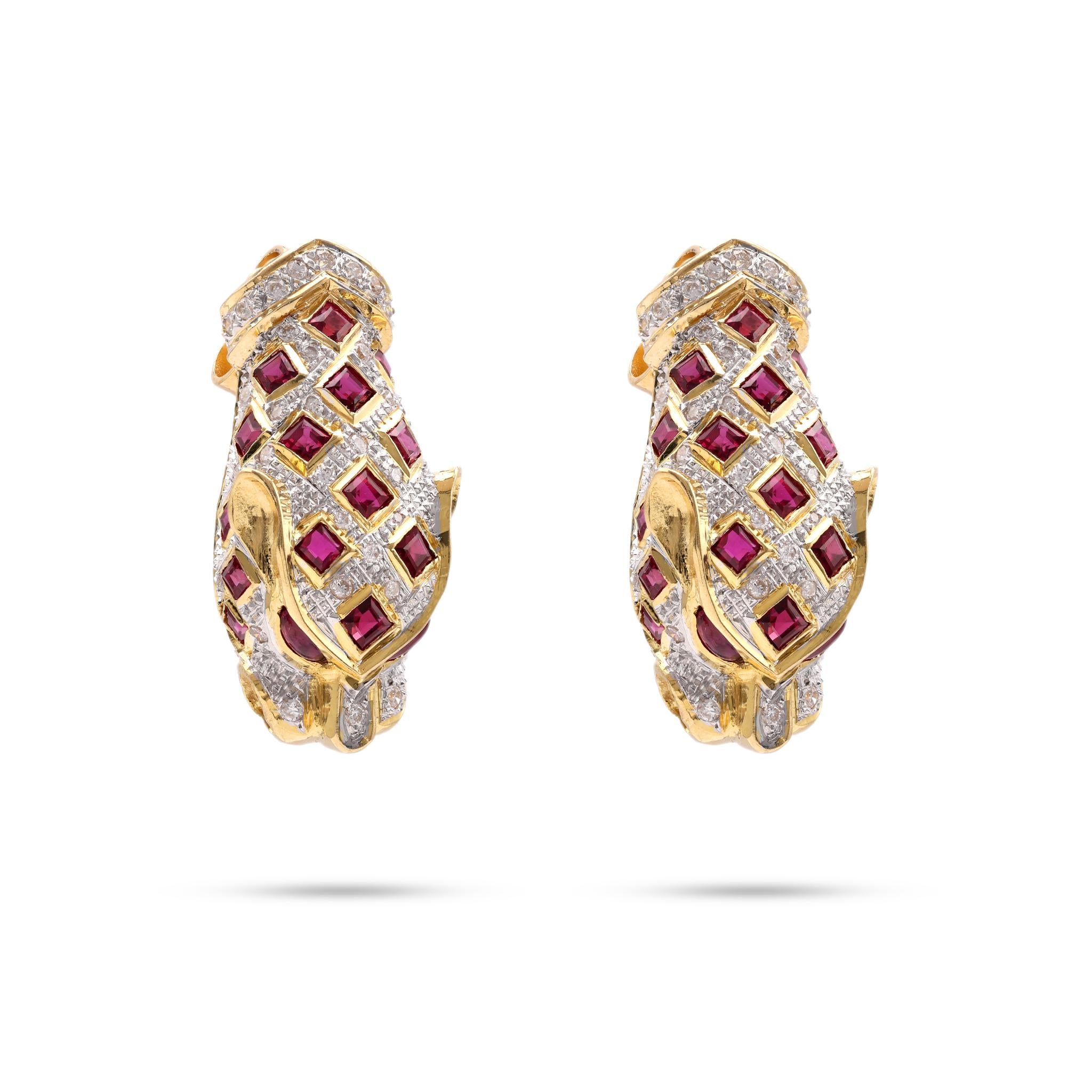 Pair of Vintage Diamond Ruby 18k Yellow Gold Cheetah Earrings