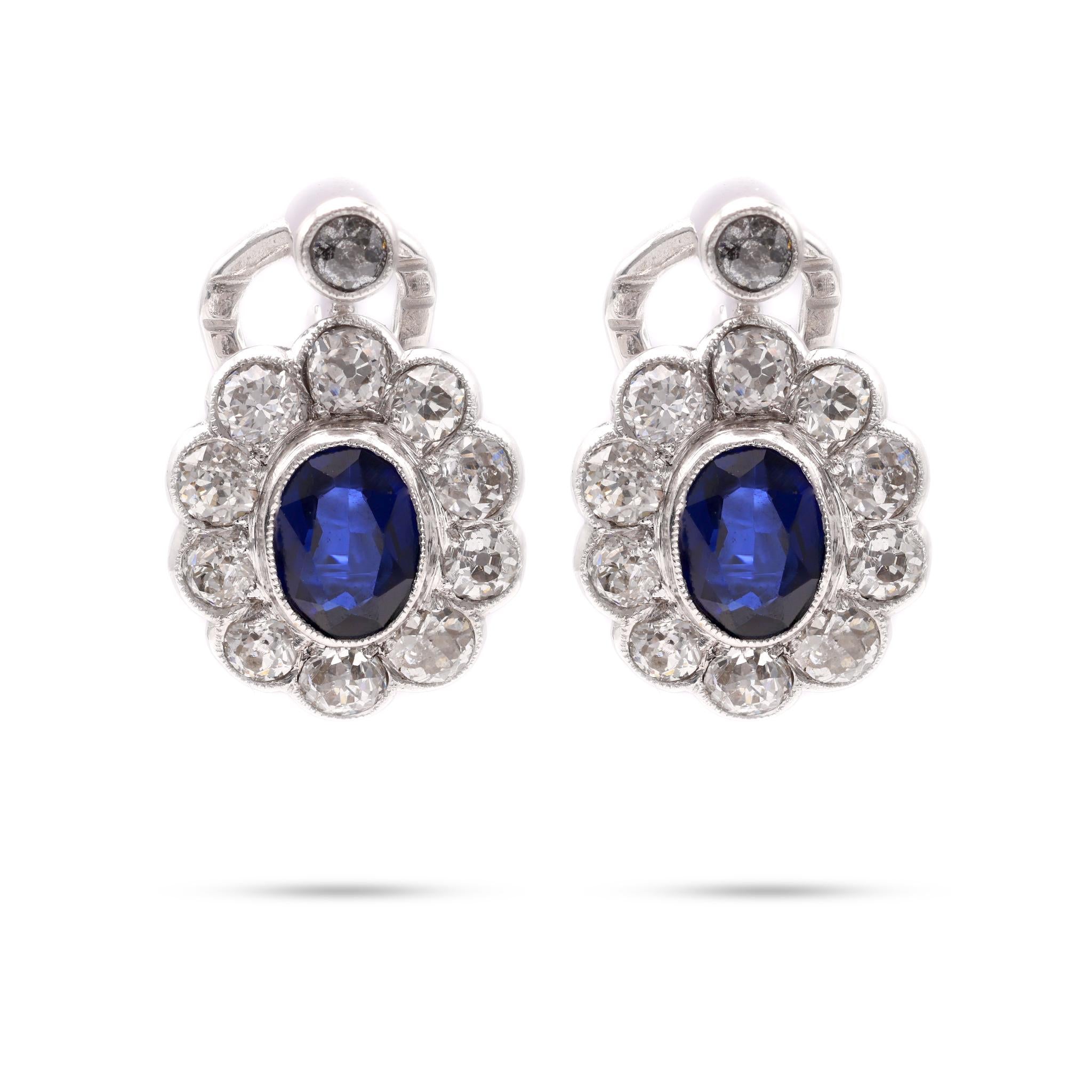 Synthetic Sapphire Diamond 14k White Gold Cluster Earrings