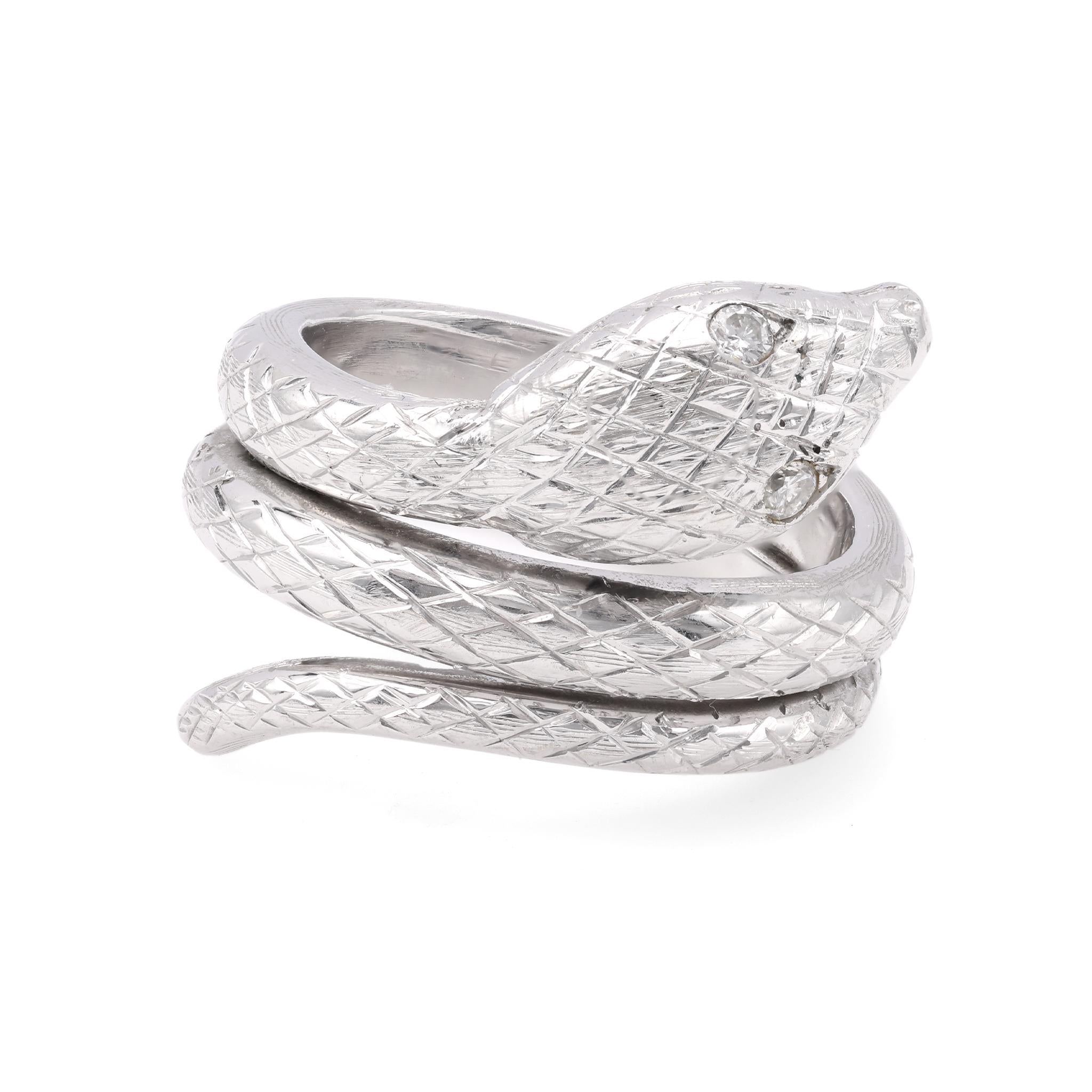 One Mid-Century Austrian Diamond 14k White Gold Snake Ring.