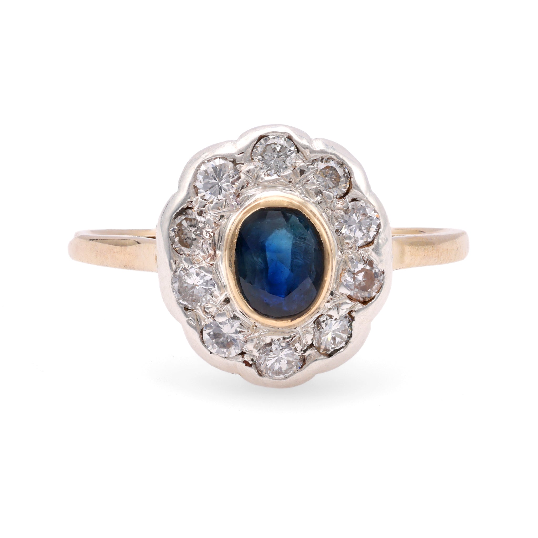 Edwardian Revival Sapphire Diamond 14k Yellow Gold Silver Cluster Ring Rings Jack Weir & Sons   