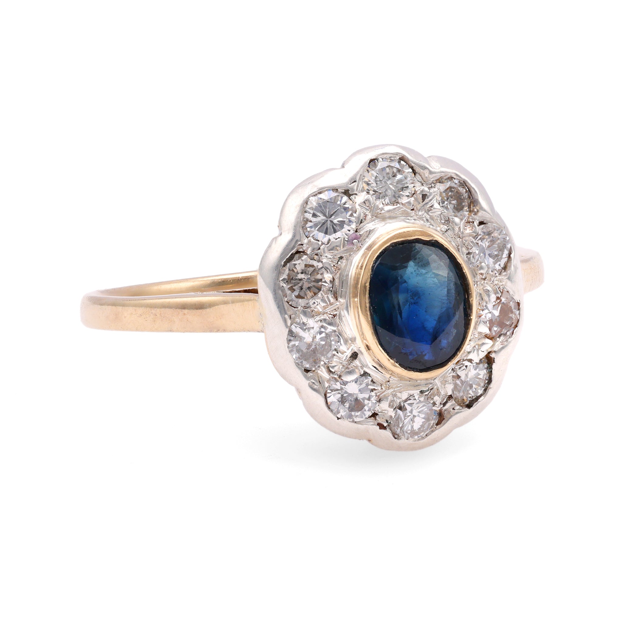 Edwardian Revival Sapphire Diamond 14k Yellow Gold Silver Cluster Ring