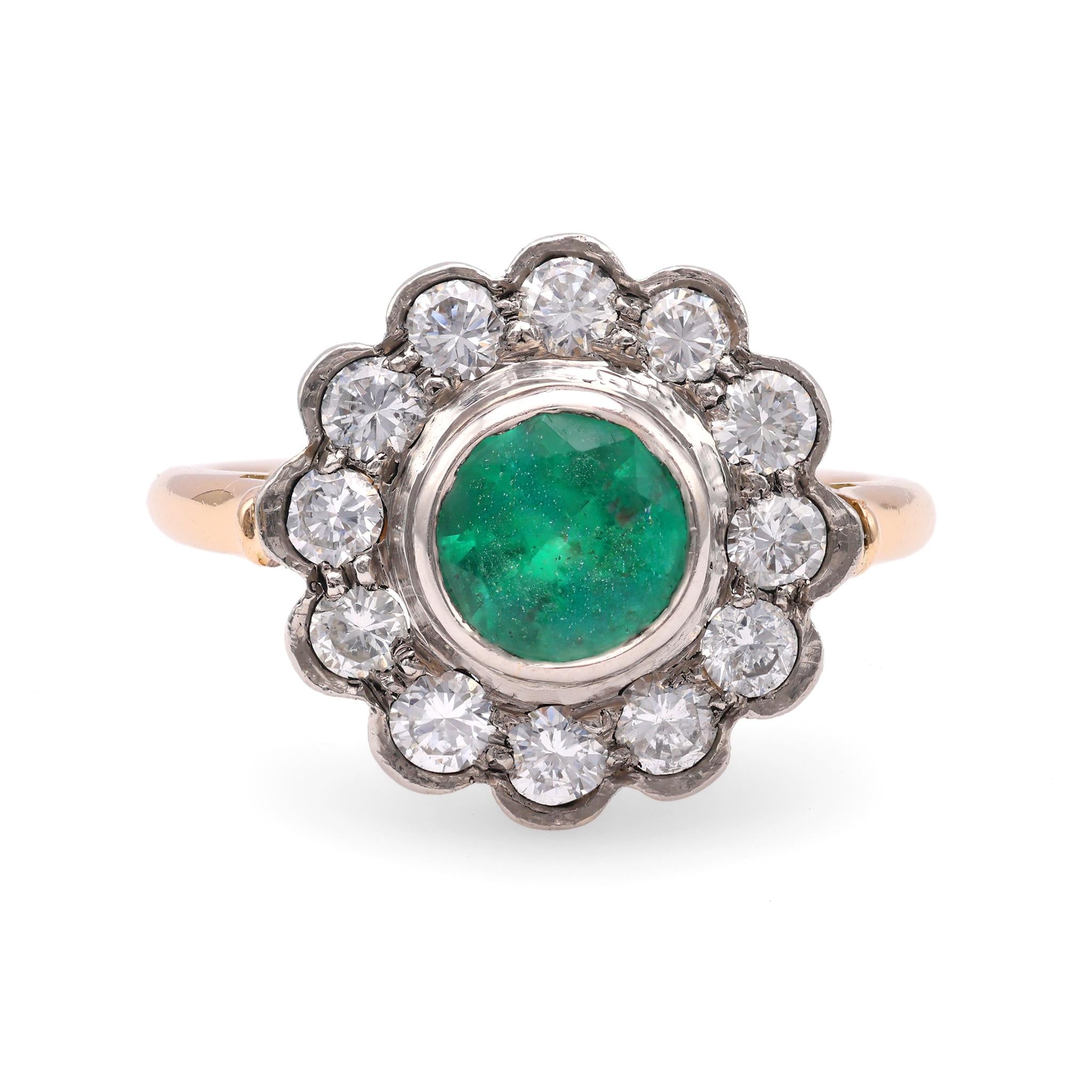 Victorian Revival Emerald Diamond 14k Yellow Gold Platinum Cluster Ring.  Jack Weir & Sons   