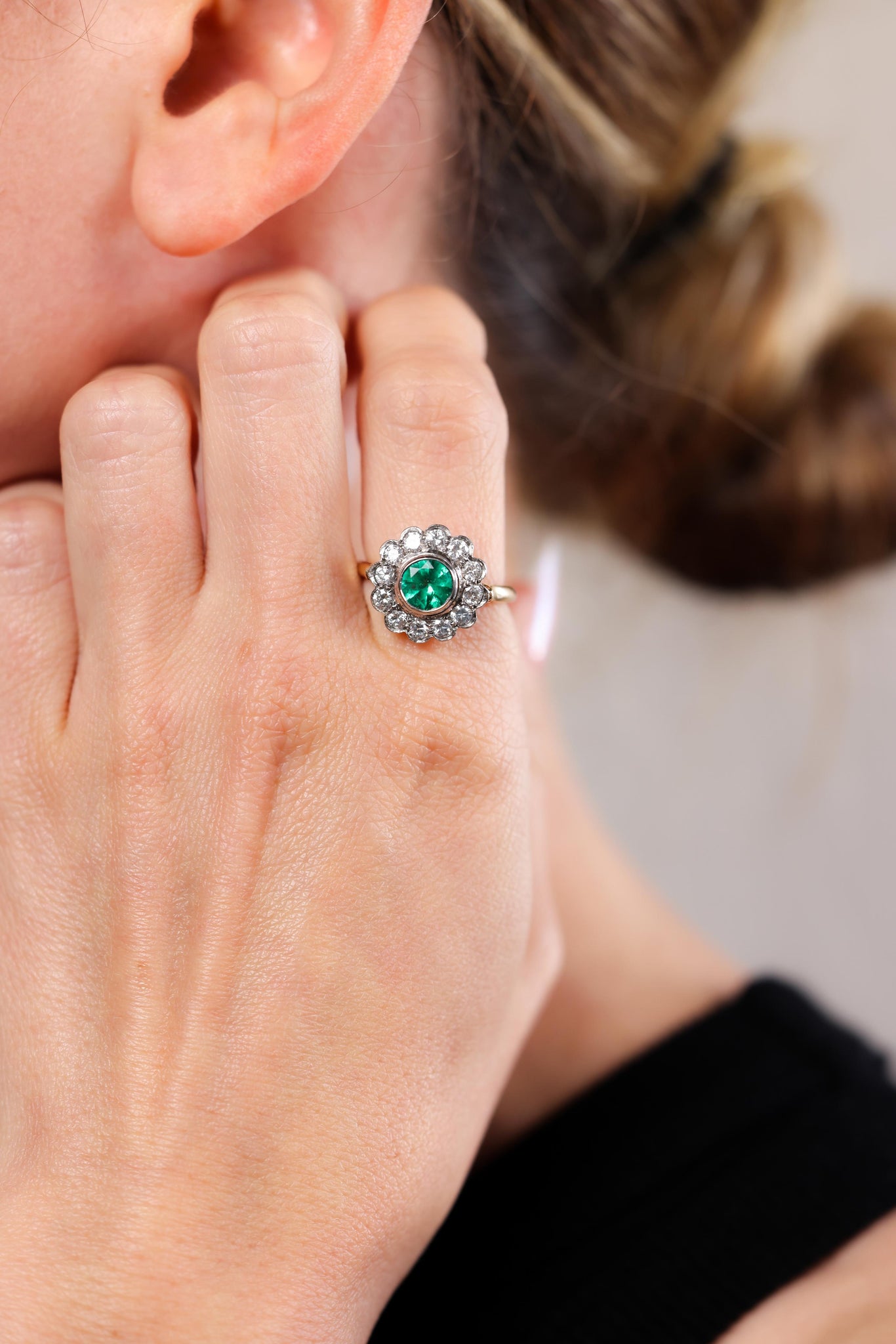 One Victorian Revival Emerald Diamond 14k Yellow Gold Platinum Cluster Ring.