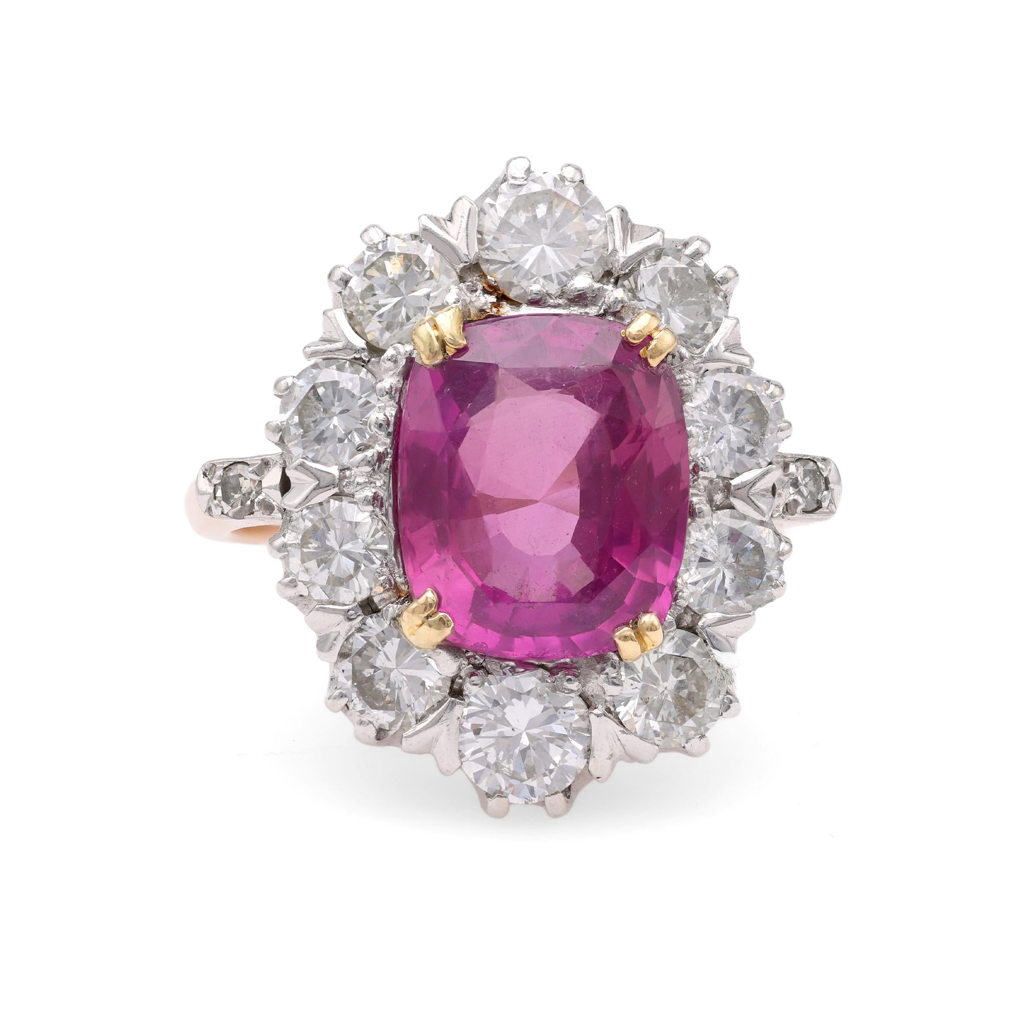 Mid-Century No Heat Pink Sapphire Diamond Gold Cluster Ring